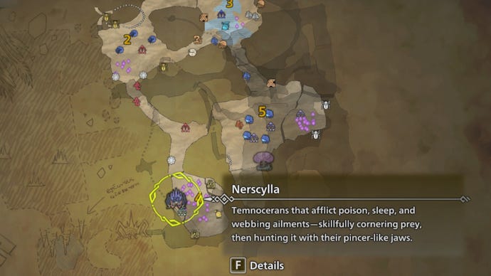 Un mapa que muestra dónde encontrar el Nerscylla en Monster Hunter Wilds.