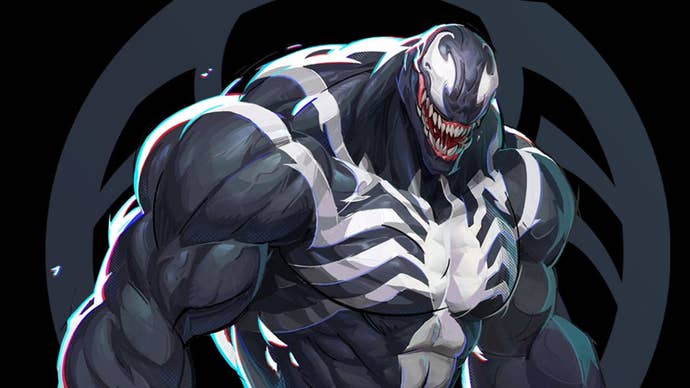 A hulking Venom smiles at the camera with a sinister expression.