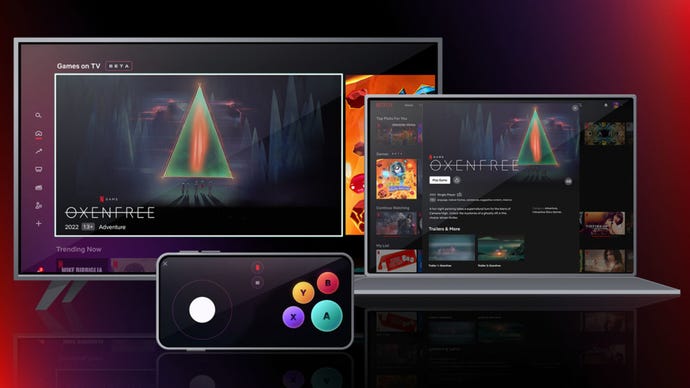 A TV and laptop showing the beta of Netflix’s cloud gaming platform, while a phone displays a touch interface controller