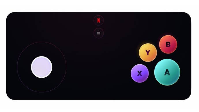 A screenshot of the Netflix Game Controller app’s virtual controller layout, with A, B, X, Y buttons on the right and a virtual stick on the left.
