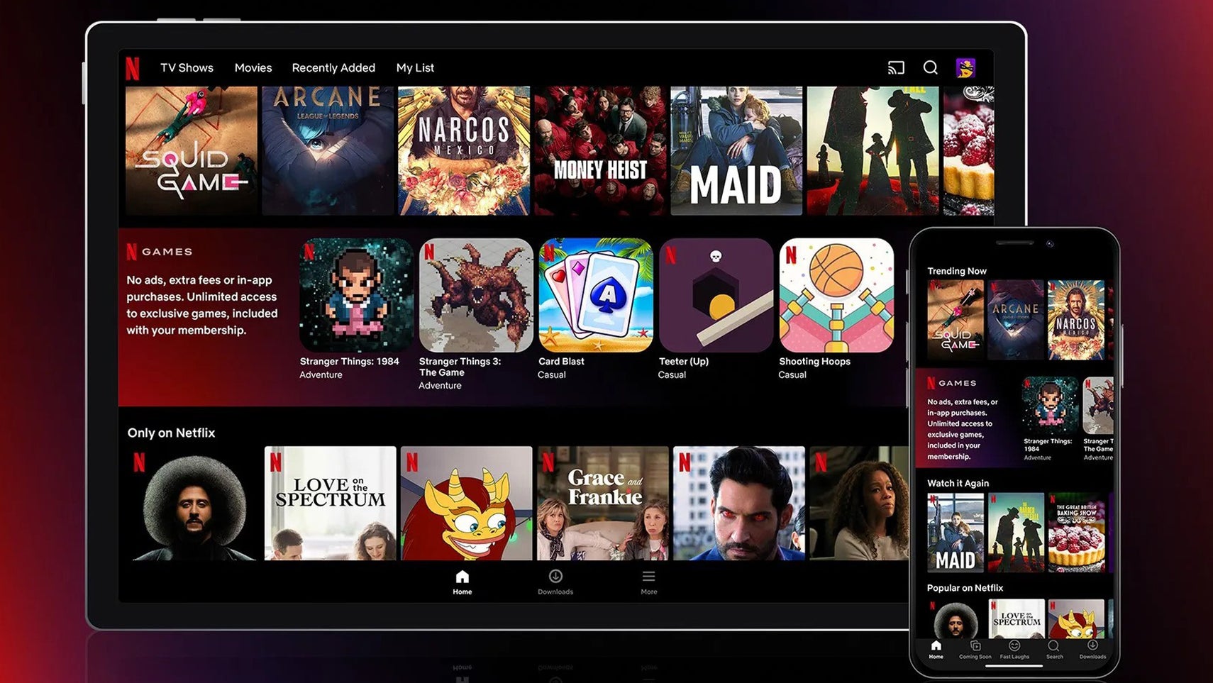 A tablet and smartphone displaying various games, films, and TV shows available on Netflix. - 1