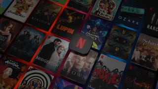Various posters of TV shows and films that can be watched on Netflix, with the Netflix app button in the middle.
