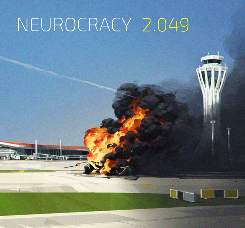 An illustration from Alice Duke (http://alice-duke.com) showing a helicopter exploding at a Chinese airport. It carries the title &lsquo;NEUROCRACY 2.049&rsquo; in the top-left corner