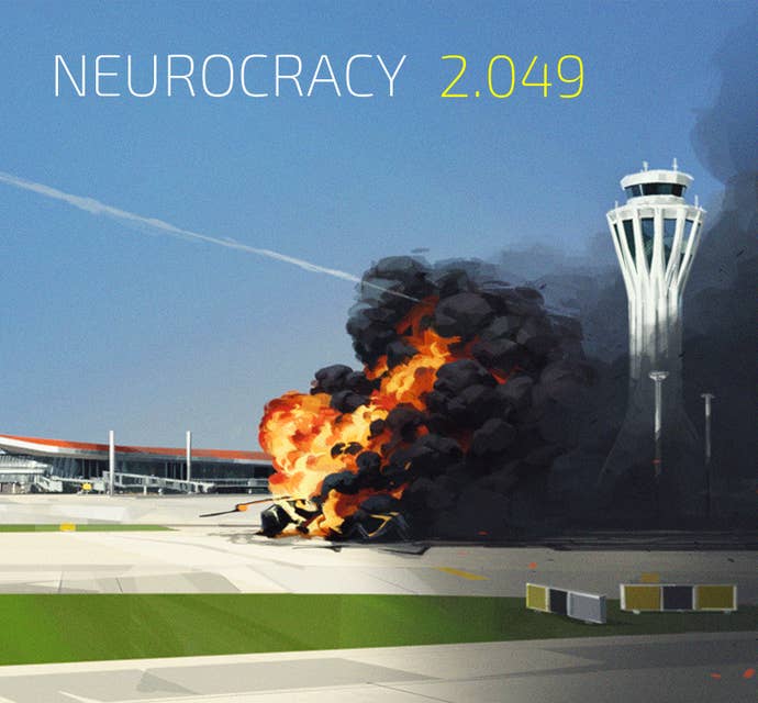 An illustration from Alice Duke (http://alice-duke.com) showing a helicopter exploding at a Chinese airport. It carries the title ‘NEUROCRACY 2.049’ in the top-left corner