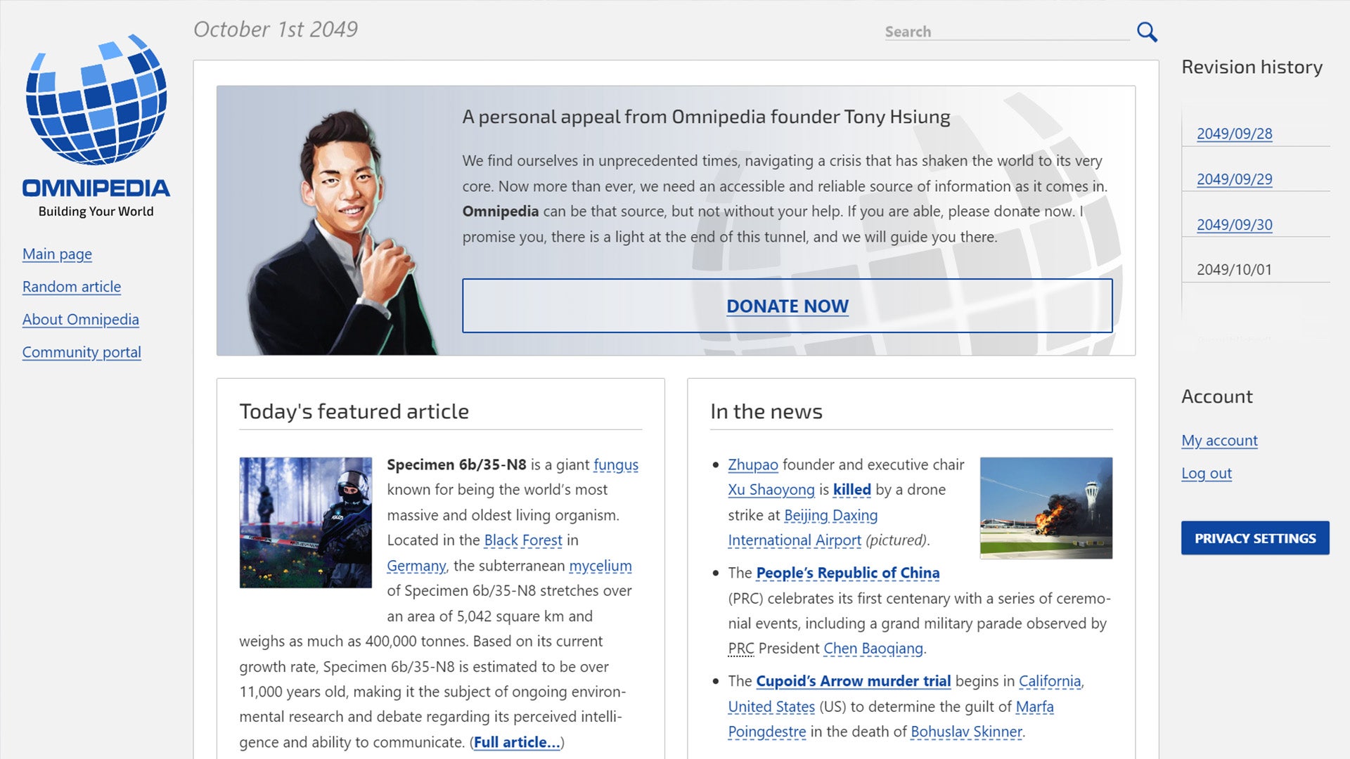 A fictitious version of Wikipedia called Omnipedia show various bits of text and images about the founder, today's article, and recent news. - 1