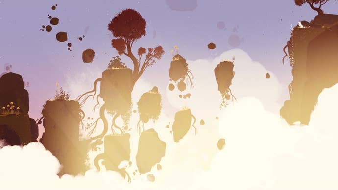 Neva stands atop a large floating rock and looks down at other floating rocks, their earth connected by tree roots.