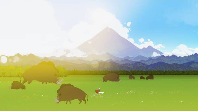 Alba and Neva run across a lush green valley, flanked by large boar.