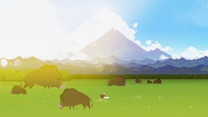 Alba and Neva run across a lush green valley, flanked by large boar.