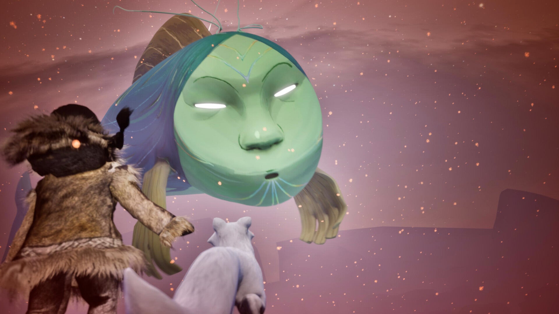 A large fish spirit with a human face approaches Nuna and Fox in Never Alone 2 - 1