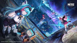 A blue haired and a pink haired pair of catgirls are stood on a rooftop, one of them standing on the side of a building, overlooking a brightly lit city.