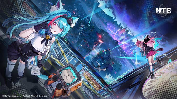 A blue haired and a pink haired pair of catgirls are stood on a rooftop, one of them standing on the side of a building, overlooking a brightly lit city.