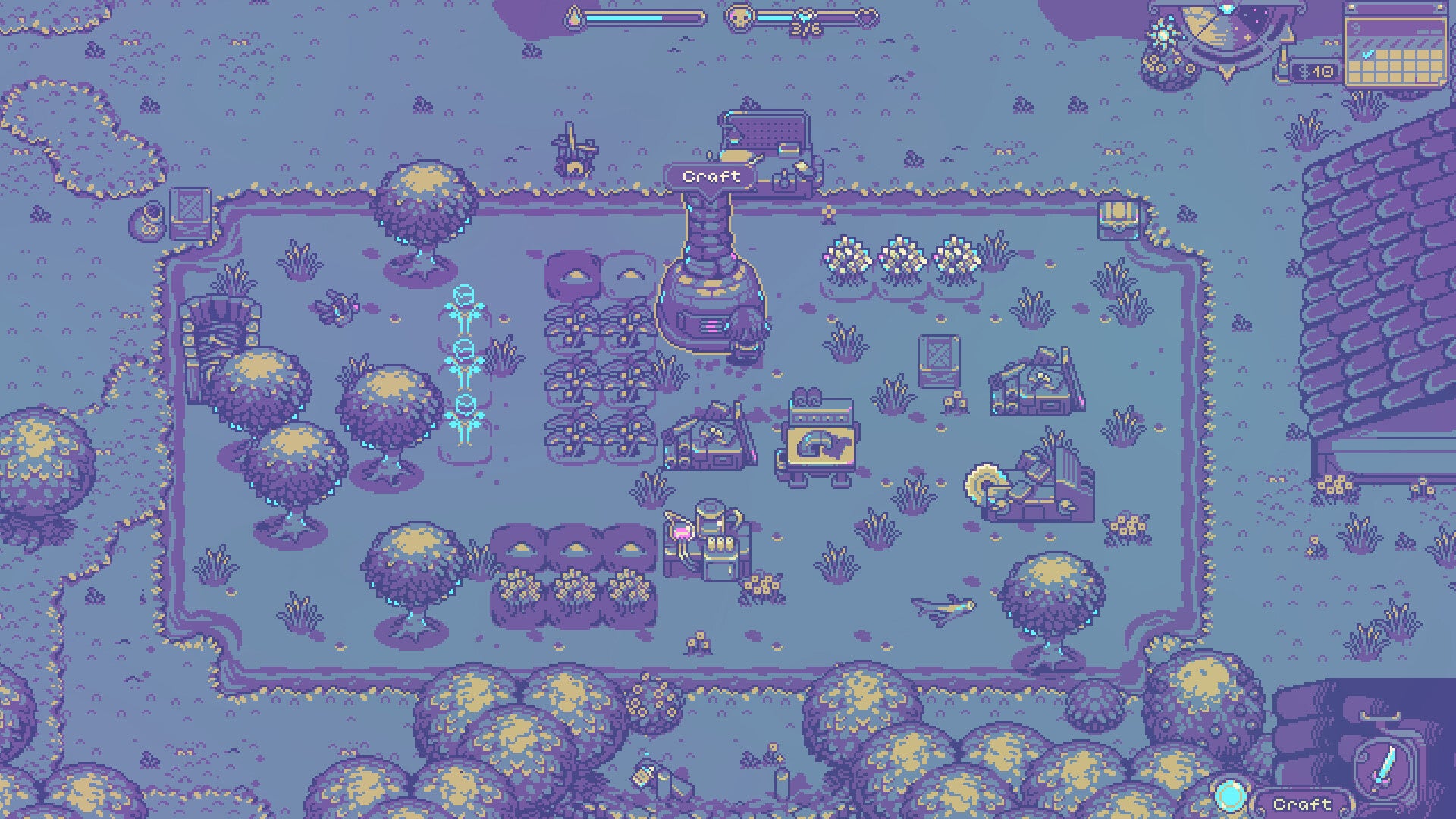 A very purple looking pixel art farming-simulator showing a small farm in Neverway. - 1