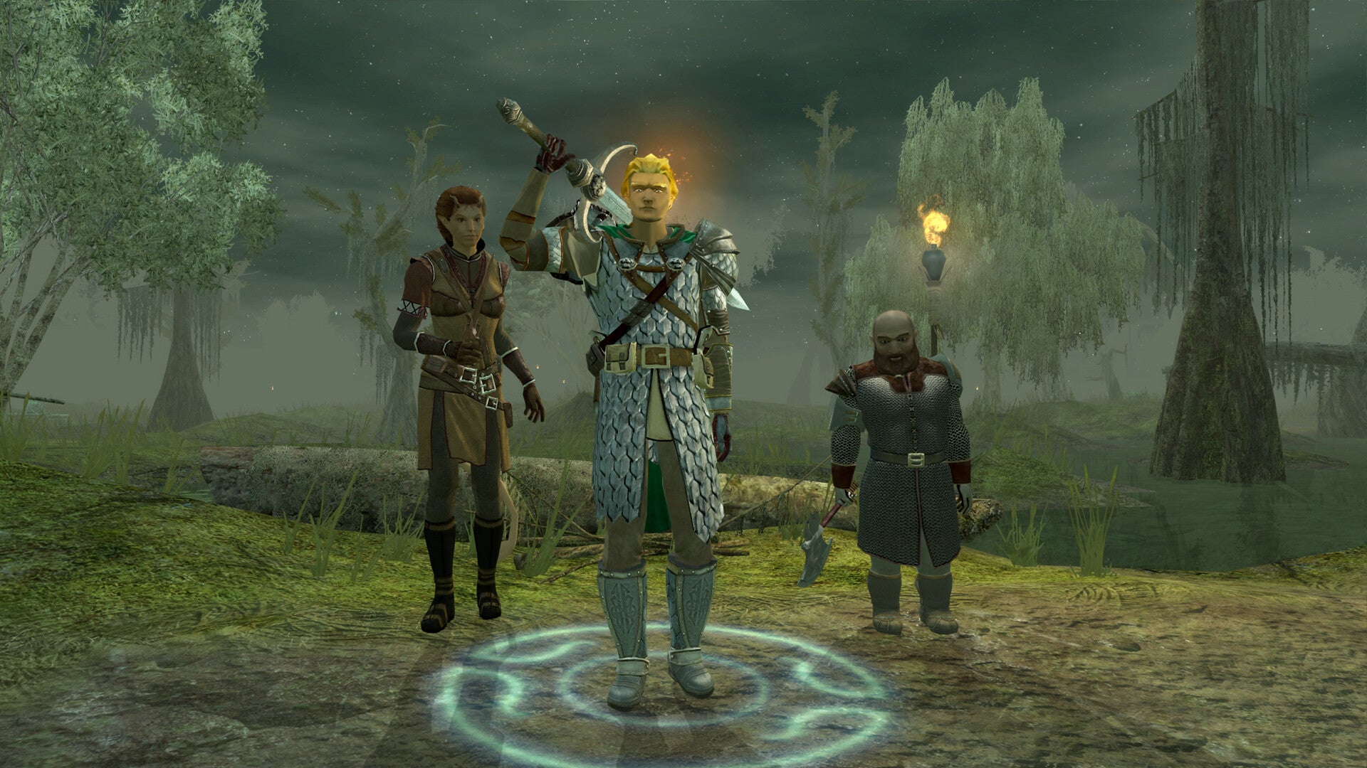 A party of three adventurers stand in a swamp in Neverwinter Nights 2 Enhanced Edition. - 1