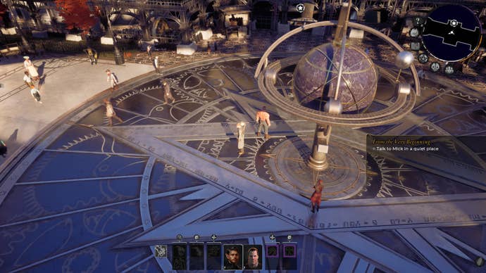 A large statue of an astrolabe in the starting city area in New Arc Line.