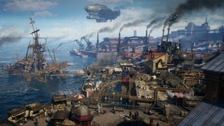 A smoky coastal city with a docks, factorys spewing smoke, and a zeppelin in the background