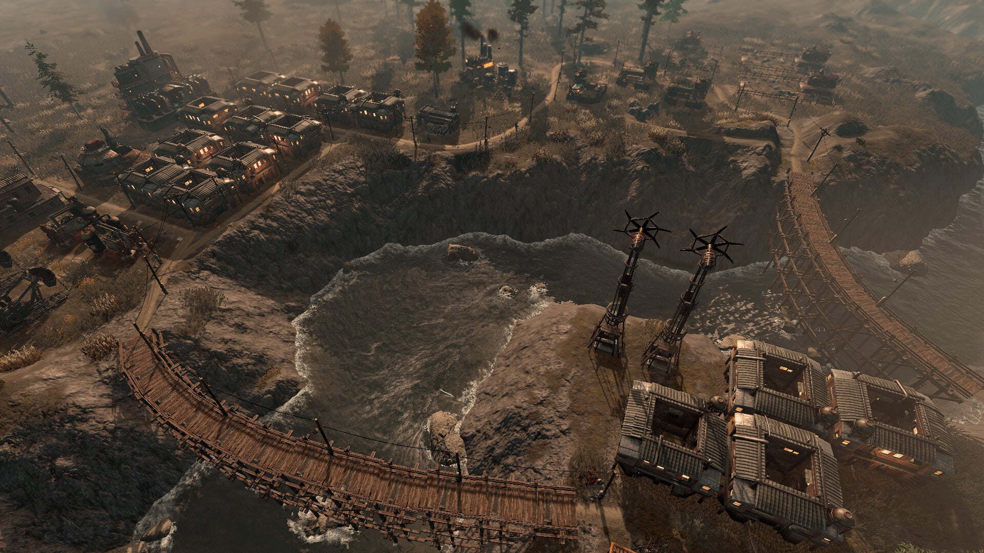 An overhead view of a city with a bridge across a river in New Cycle - 40