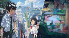 On the left, an image from Your Name showing a boy and a girl in school uniforms looking at each other stood on a staircase. On the right, a still from an anime movie of a young woman sleeping on a sofa in a room filled with lots of stuff.