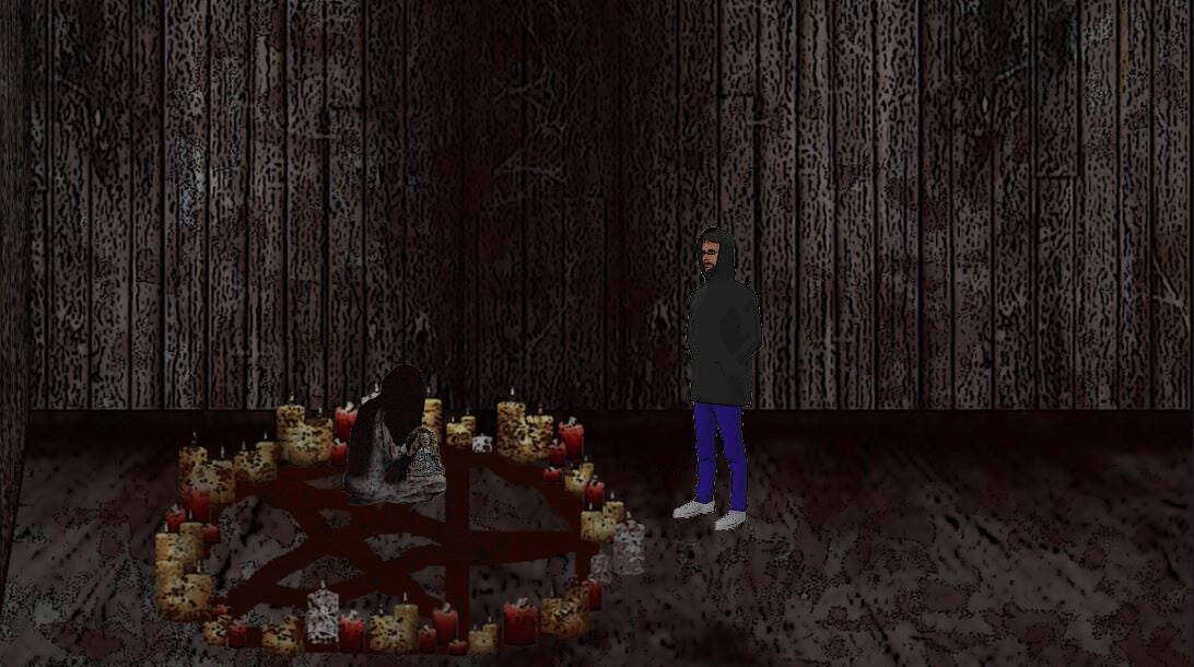 A man in a black hoodie stands over a bloody pentagram in New Life. - 1