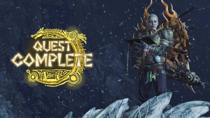 The player stands atop an unseen monster, looking smug, with the words “Quest Complete” overlaid the image.