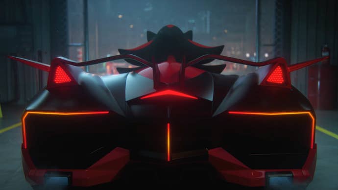 An image from Sega’s new Sonic Racing teaser trailer showing a vehicle and driver seen from the rear.