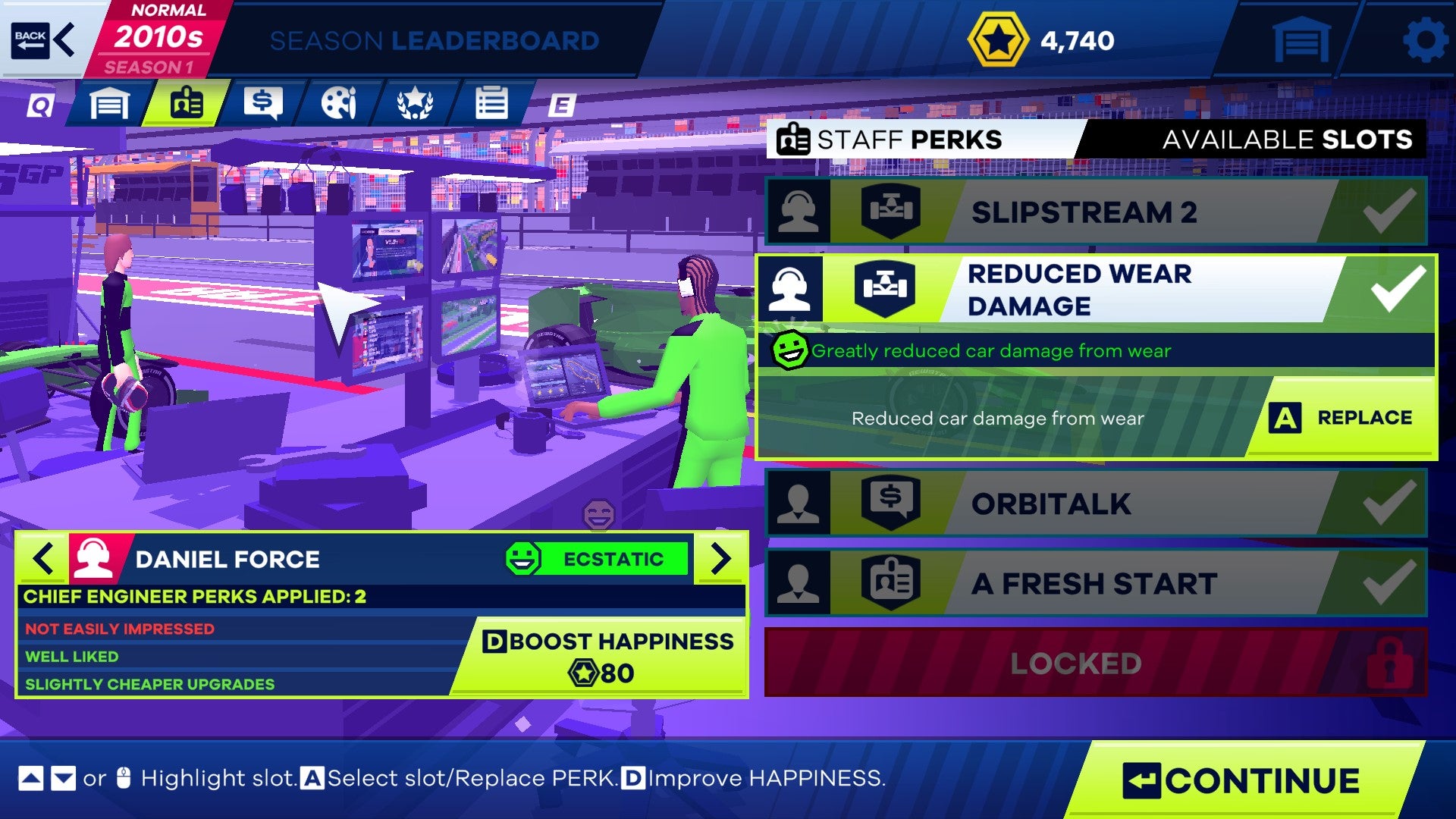 The perk screen in New Star GP's garage. - 4