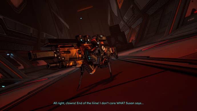 Brock, a walking talking gun from New Tales From The Borderlands, threatens the main characters