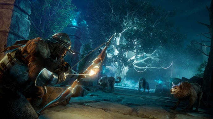 New World: An explorer uses his bow to protect himself against three angry wolves