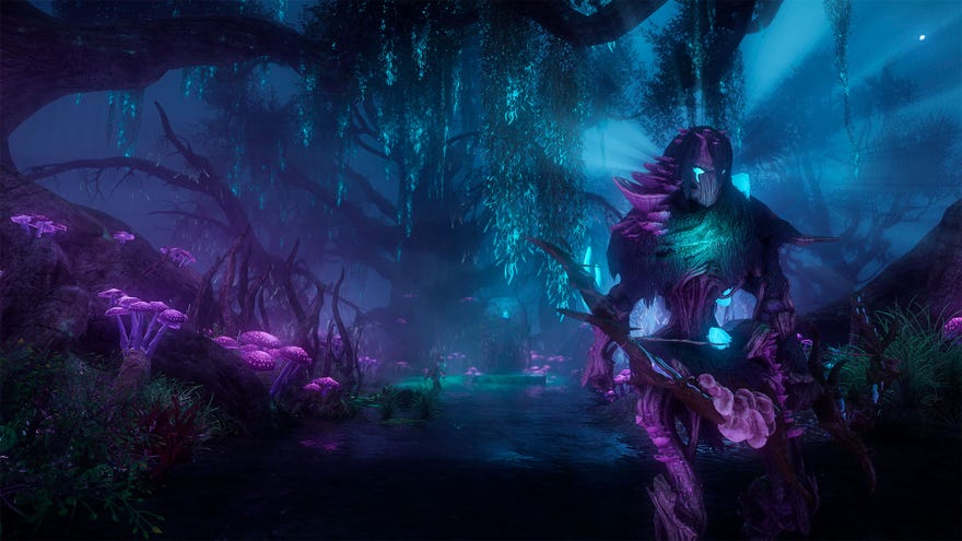 New World: A plant-like creature of teal and purple bark and leaves stands menacingly in a lush, alien environment of the same hues.