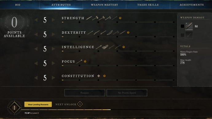 A new player’s Attribute stats as shown in New World’s Attributes screen.