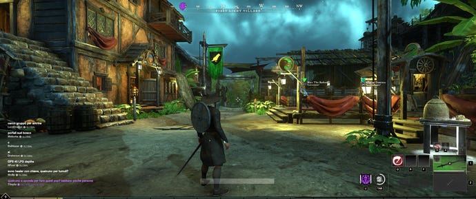 Players run around a New World starting village at night.