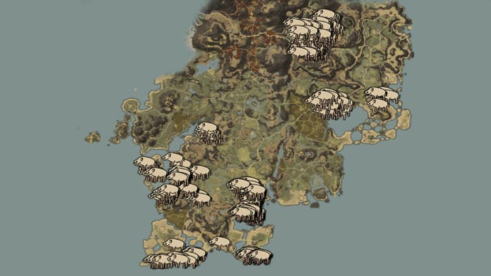 A map of Aeternum in New World, showing all boar spawn locations.