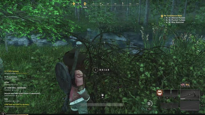 A New World character standing beside a briar bush, with the interaction to collect briar branches on-screen.