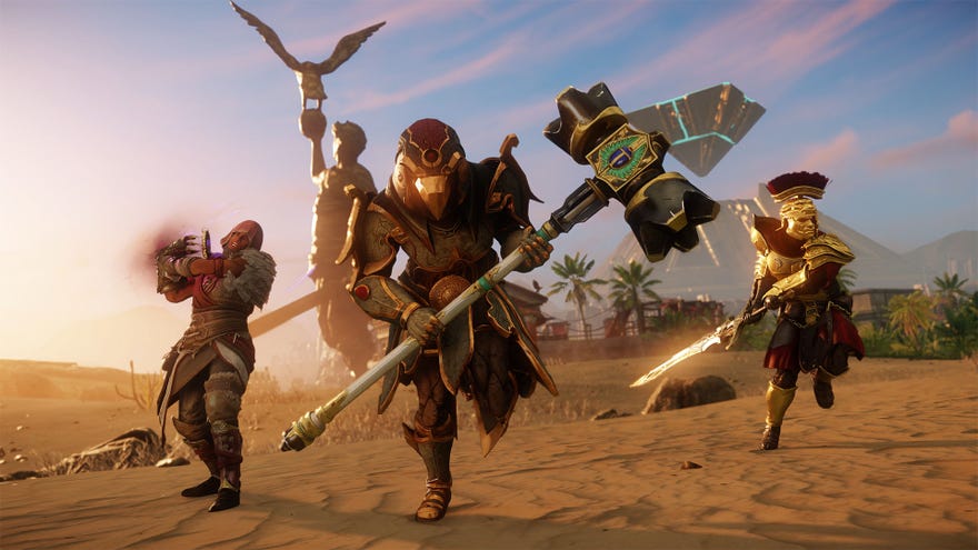 Two armoured warriors and a mage race towards the screen in New World’s new Brimstone Sands area.