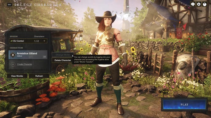 The landing screen in New World, with the new Change World button (currently greyed out).