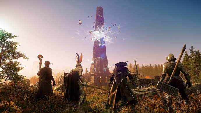 Four New World characters in very different armour sets face a tower glowing with supernatural energy.