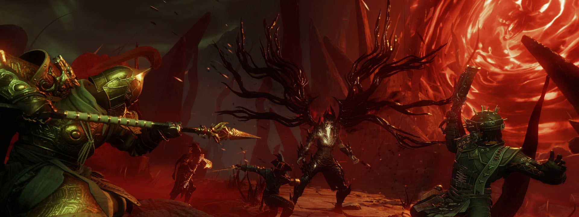 A screenshot of New World&rsquo;s Heart Of Madness update showing a cinematically posed group of players taking down the big bad.