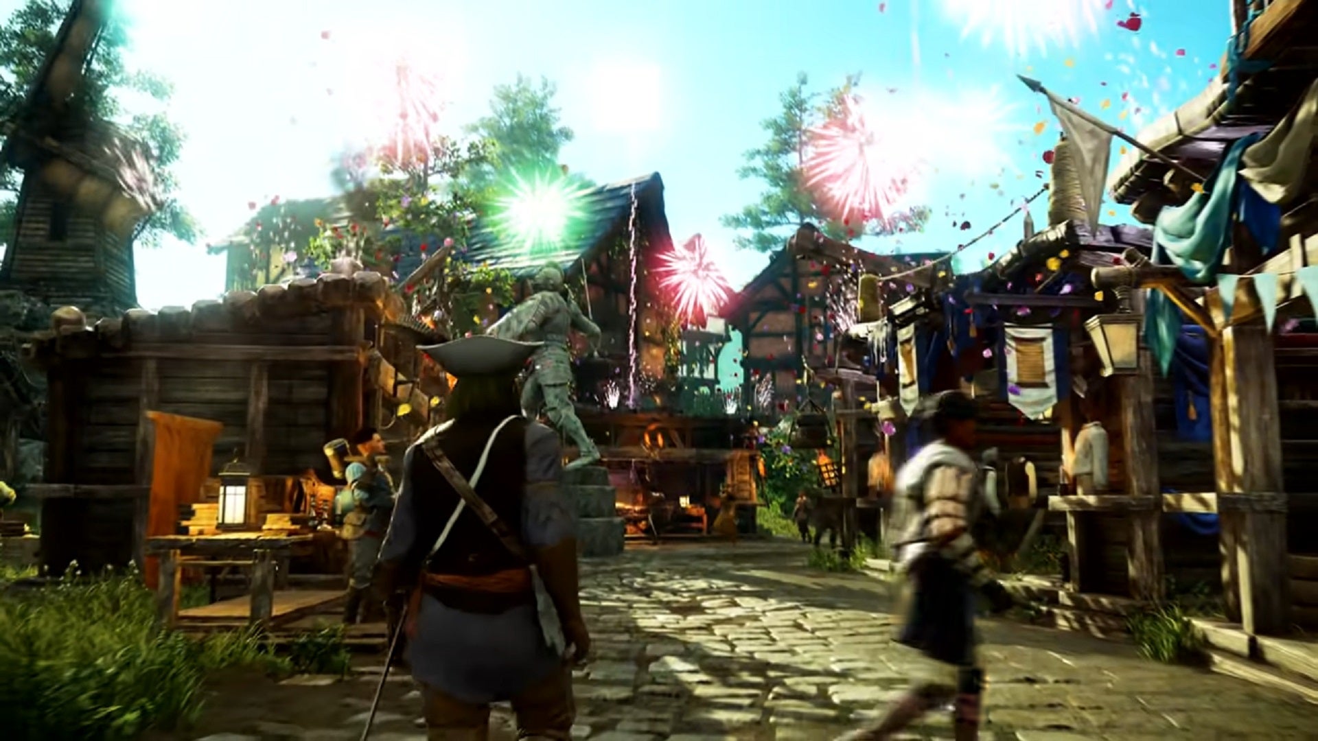 A New World character walks down a house-lined street in a Settlement.