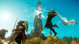 New World - One player character wielding a glowing axe leaps through the air at a player holding a shield. In the background a large, glowing tower is fractured.