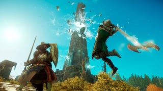 New World - One player character wielding a glowing axe leaps through the air at a player holding a shield. In the background a large, glowing tower is fractured.