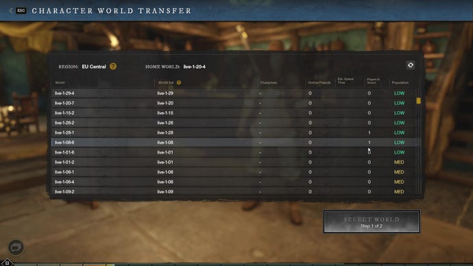 A list of servers in New World that are available for characters to transfer over to.
