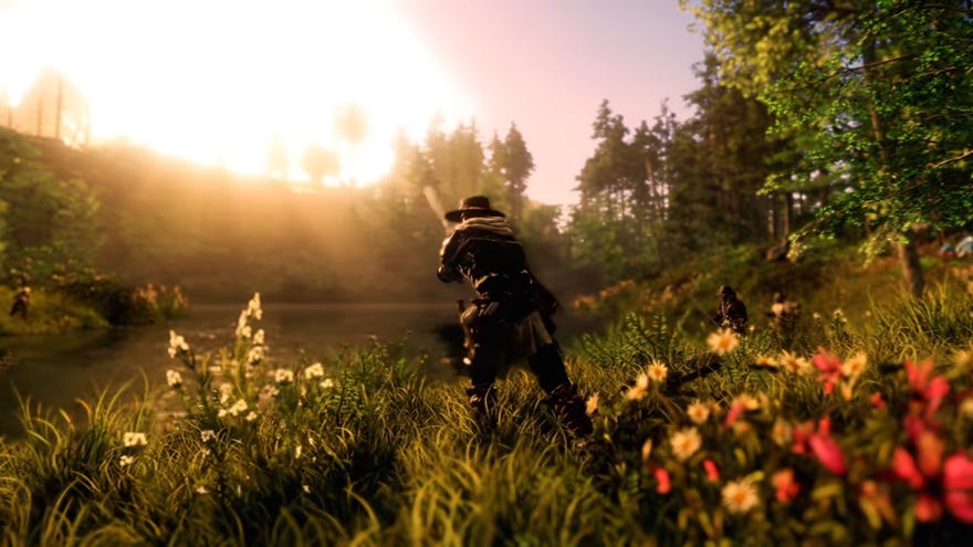 A New World character stands on a riverbank, in mid-action casting a fishing line into the water.