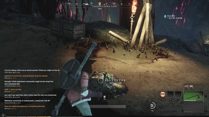 A New World character finds Saltpeter in a dark cave.