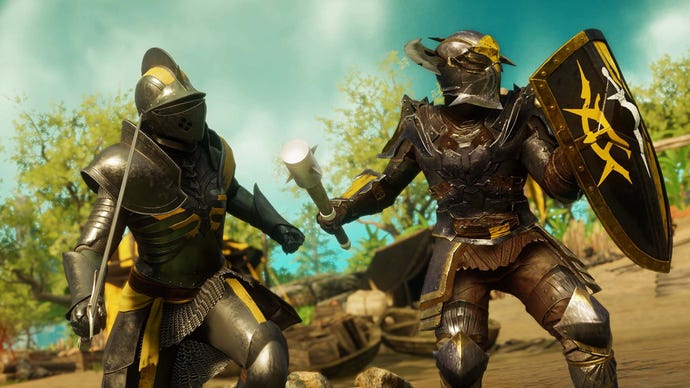 Varangian troops in a New World screenshot.