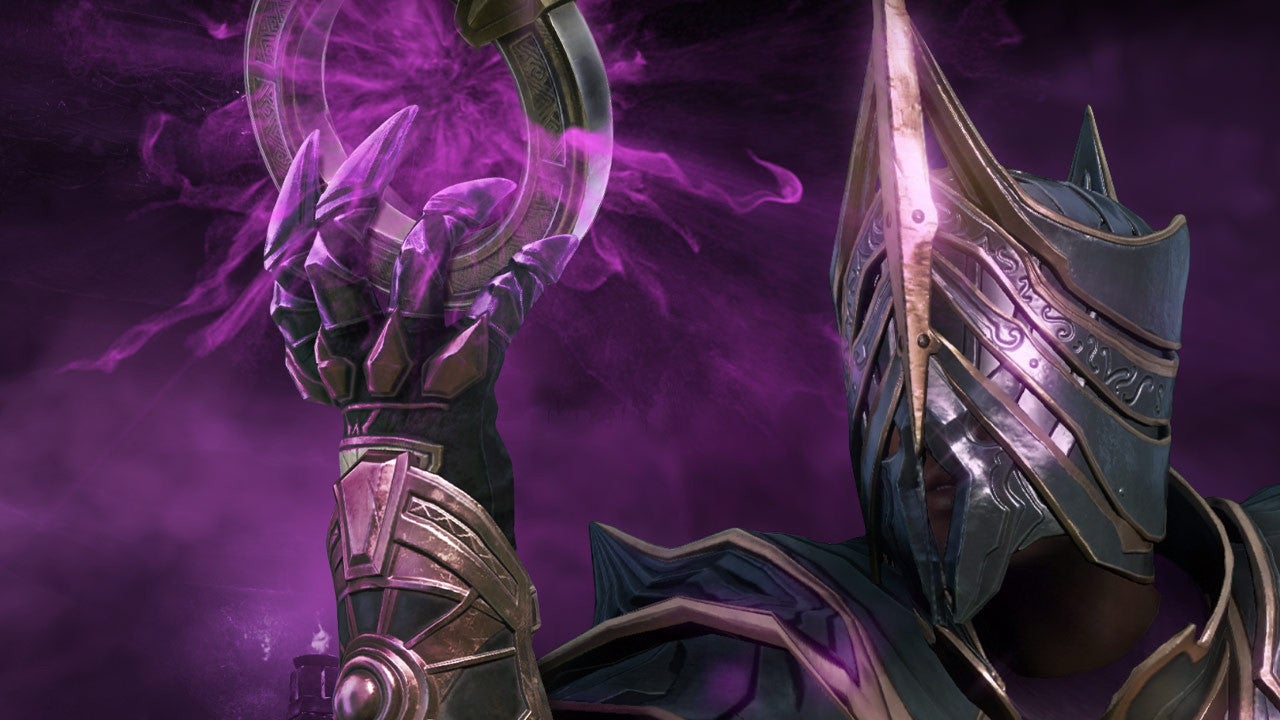 An armoured figure holds a Void Gauntlet in a New World screenshot.