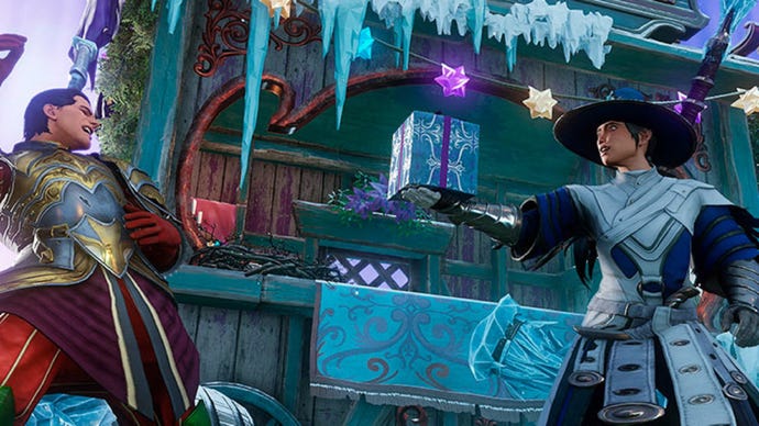 A New World character hands a wrapped gift box to their companion in front of an icicle-festooned building front.