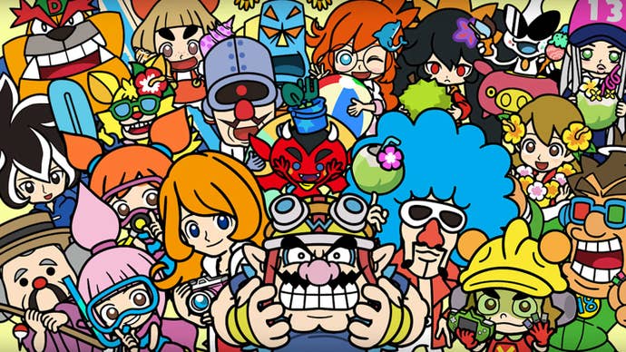 WarioWare: Move It! artwork showing a colourful collection of the game’s characters surrounding Wario in the centre.
