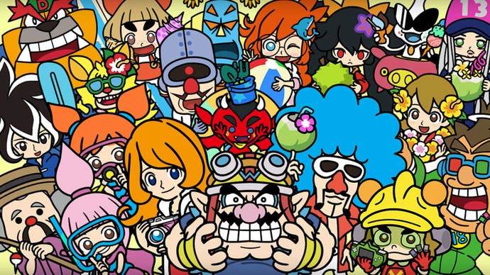 WarioWare: Move It! artwork showing a colourful collection of the game's characters surrounding Wario in the centre.