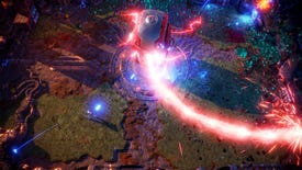 A screenshot of Nex Machina showing a small robot in the bottom left battling a red central enemy with a spinny death laser.
