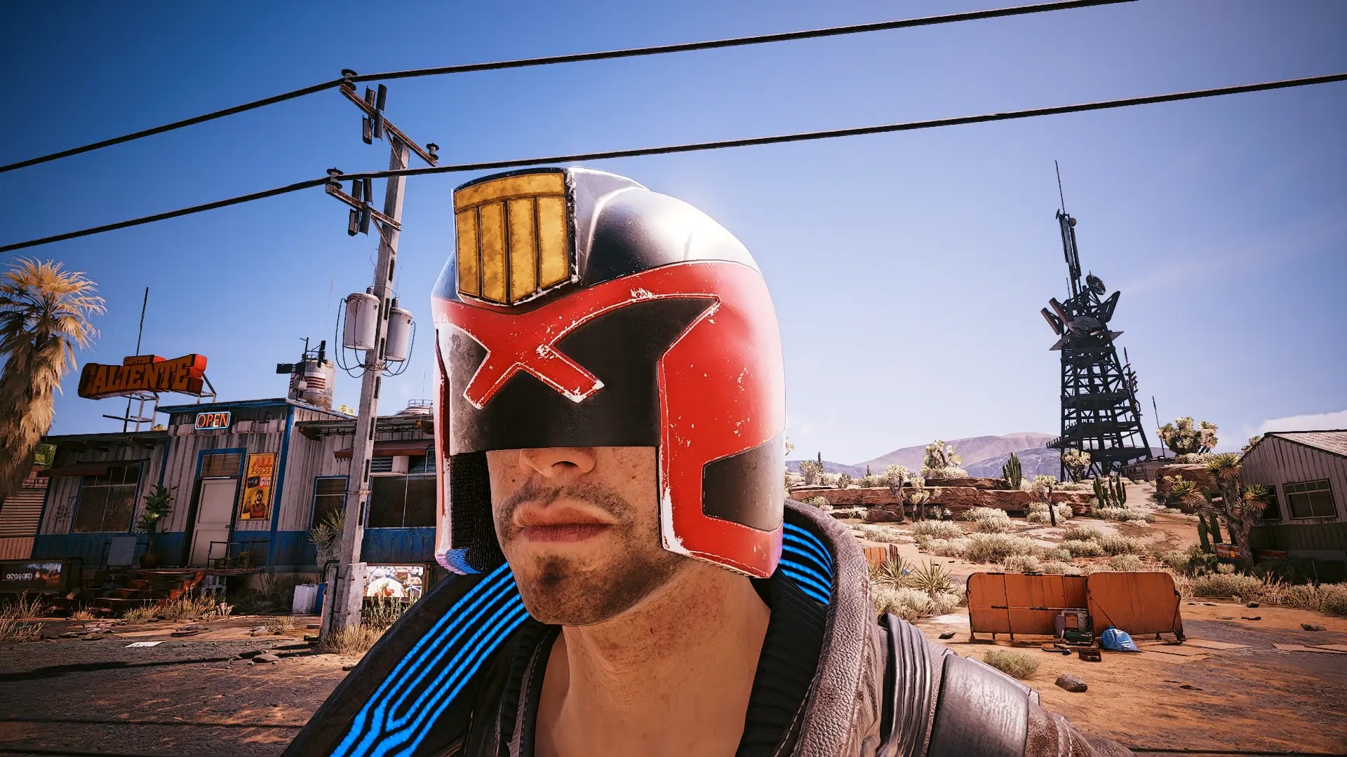Cyberpunk 2077's V earing a modded Judge Dredd helmet - 3