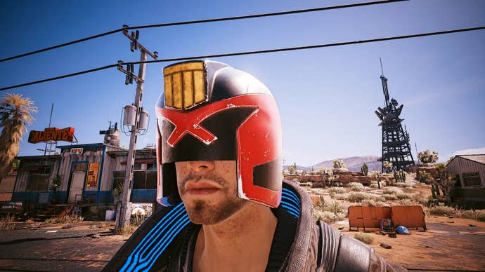 Cyberpunk 2077's V earing a modded Judge Dredd helmet